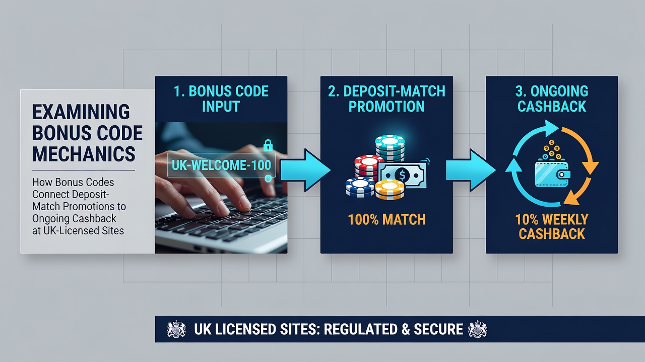 Flowchart illustrating player journey from code activation through deposit match and into recurring cashback cycles